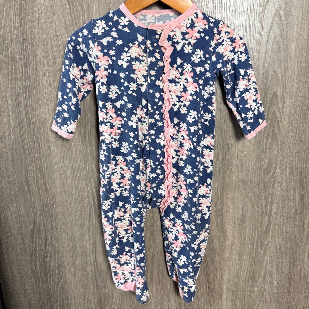 Magnetic Me Footie Pajamas Baby Girl 6-9M Blue Pink Floral Ruffle Shabby Chic
